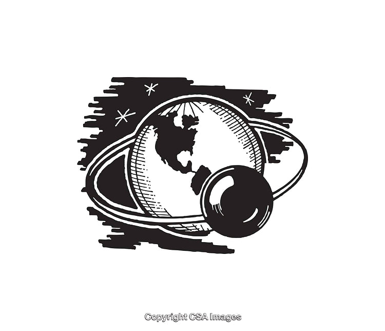 Black and White Line Art of Earth with Ring Design