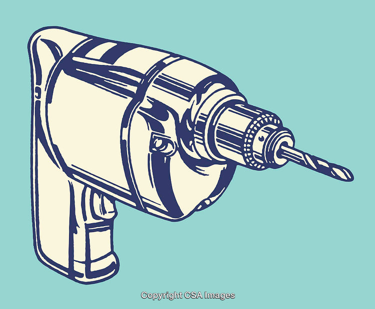 Stylized Line Art Illustration of a Power Drill on Blue Background