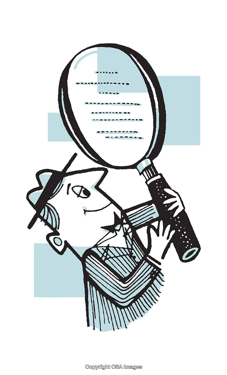 Cartoon Illustration of Investigator Examining With Magnifying Glass