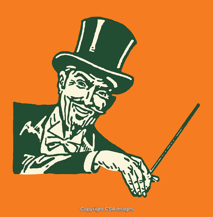 Vintage Gentleman in Top Hat Holding a Cane Illustration on Orange Background