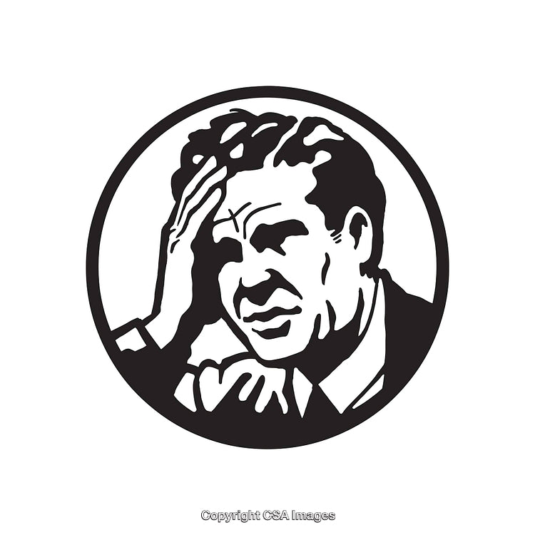 Black and White Illustration of a Stressed Businessman Gripping His Head