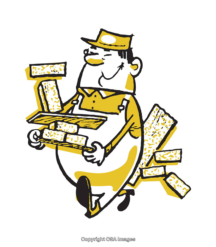 Cartoon Illustration of Worker Carrying Bricks with a Cheerful Expression