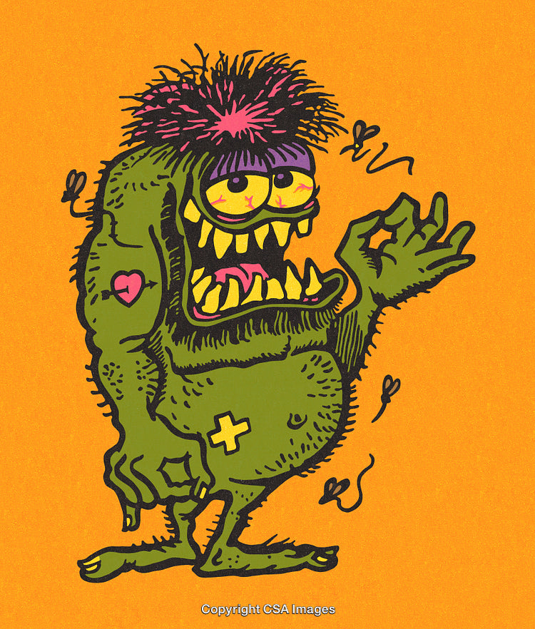 Cartoon Illustration of Playful Green Monster Character Against Orange Background