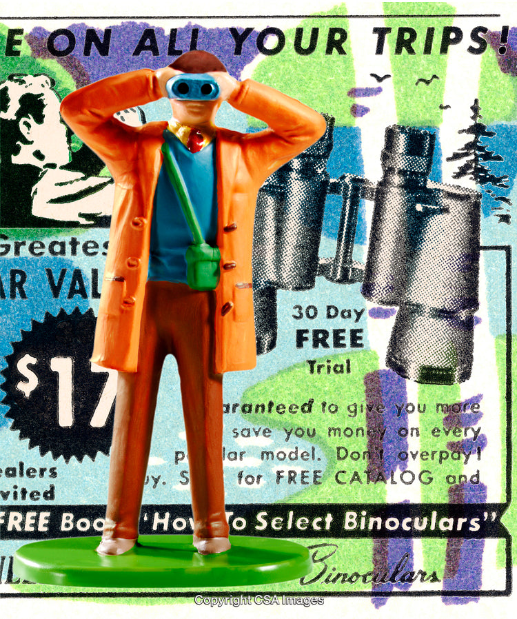 Miniature Traveler Using Binoculars Over a Retro Advertisement Background