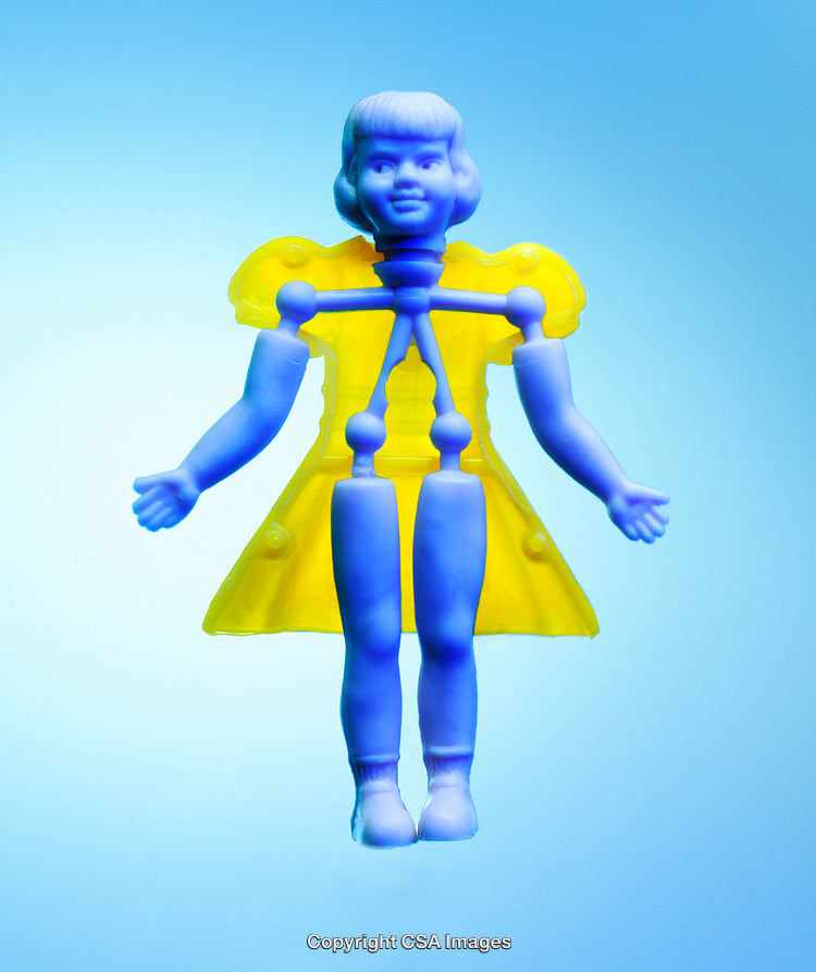 Colorful Plastic Figure Abstract Design on Blue Background