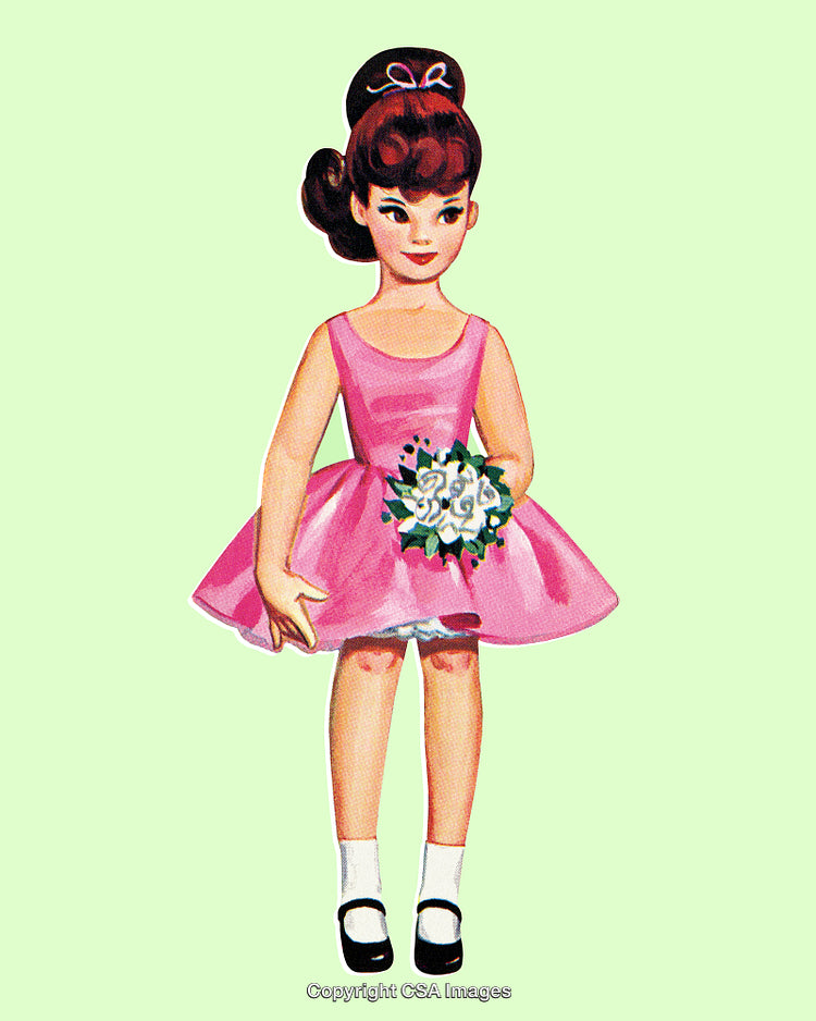 Vintage Illustration of a Girl in Pink Dress Holding Flowers