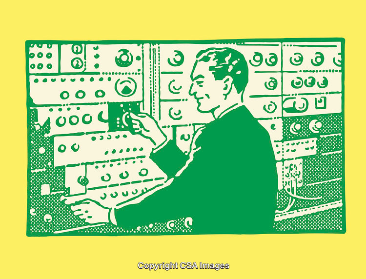 Retro Style Illustration of a Man Operating a Complex Control Panel