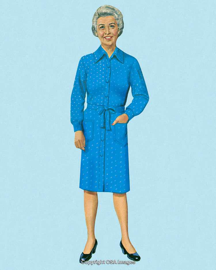 Retro Illustration of Elderly Woman in Blue Dress Standing and Smiling