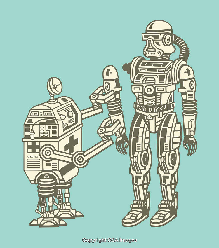 Retro Futuristic Robots Engaged in Interaction on Turquoise Background