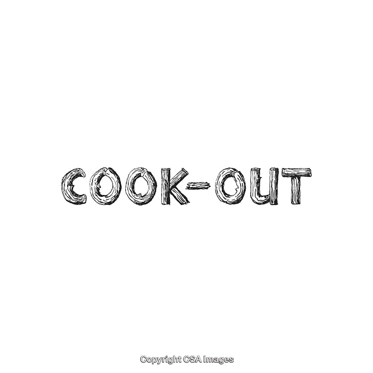 Stylized Cookout Text with Rustic Hand-Drawn Wooden Lettering on White Background