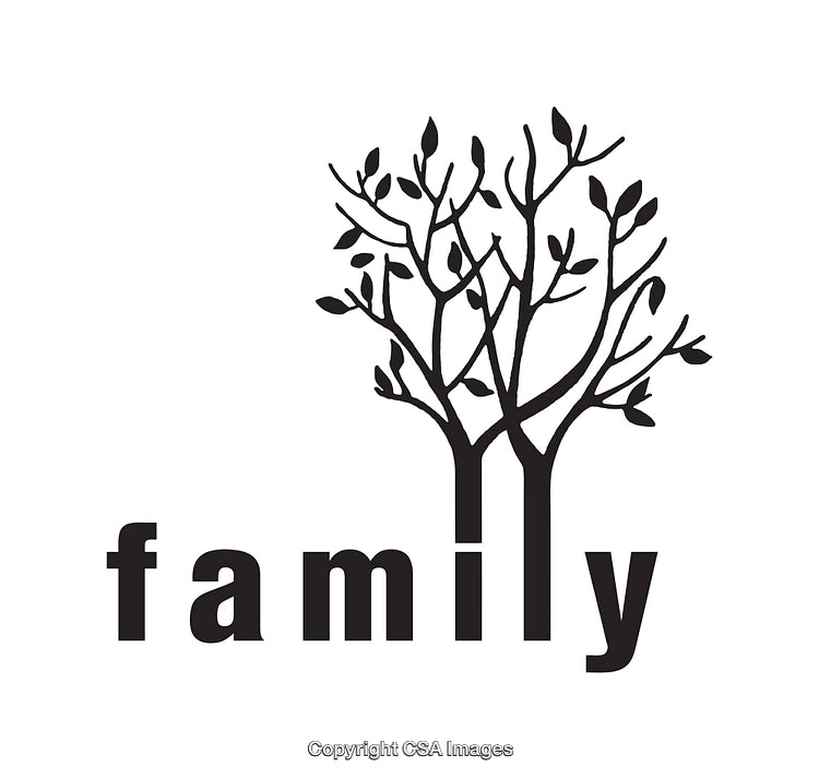 Black and White Family Tree Illustration with Creative Typography Design