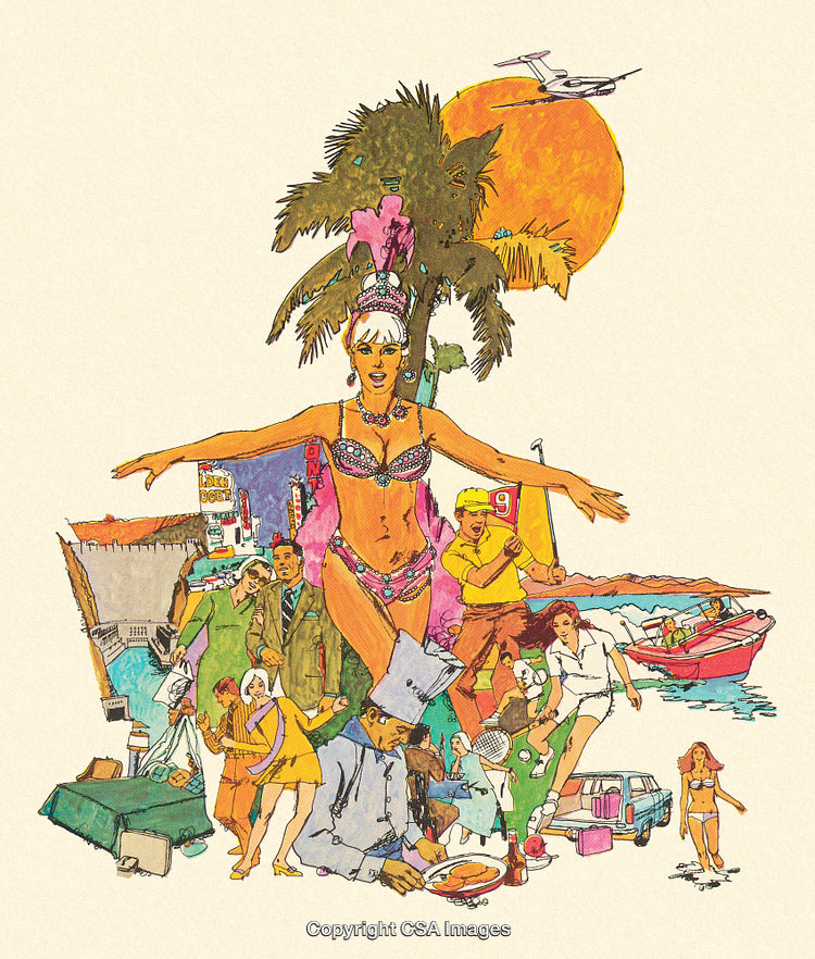 Colorful Collage Illustrating Tropical Vacation and Leisure Activities