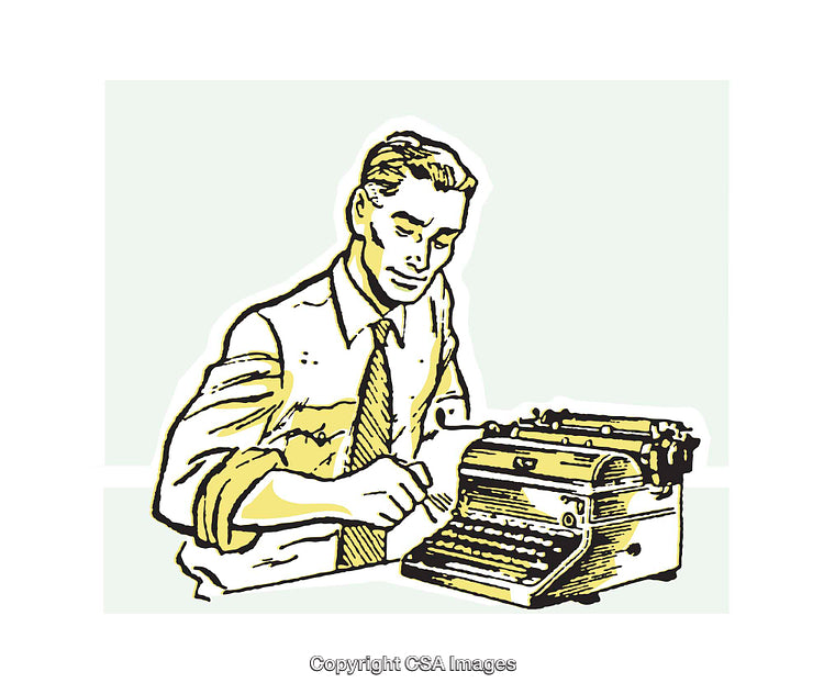 Retro Illustration of a Businessman Typing on a Vintage Typewriter