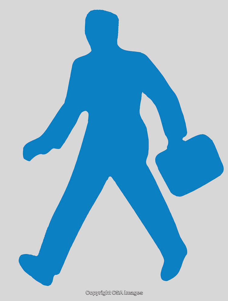 Silhouette of Person Walking with Briefcase in Blue on Gray Backdrop