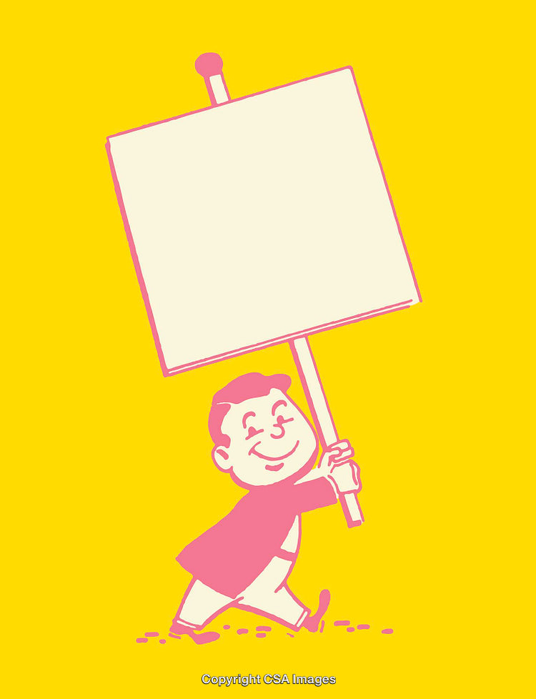 Cartoon Character Holding Blank Sign on Vibrant Yellow Background