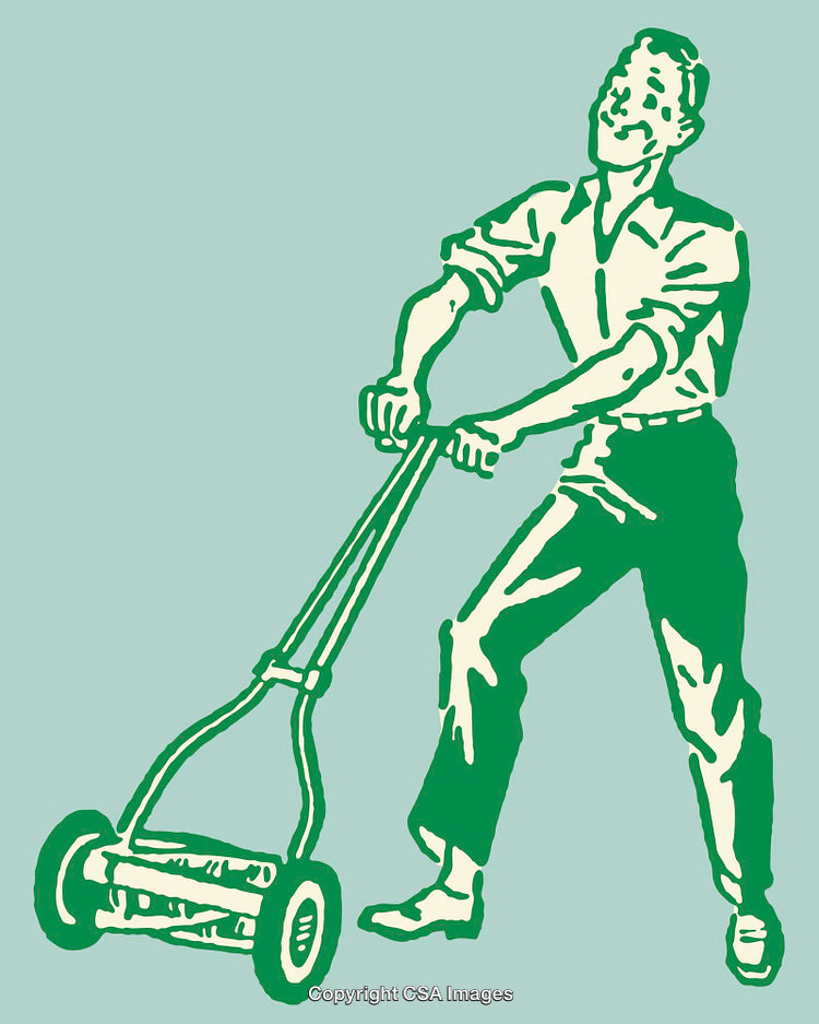 Retro Line Art Illustration of a Person Pushing a Manual Lawn Mower