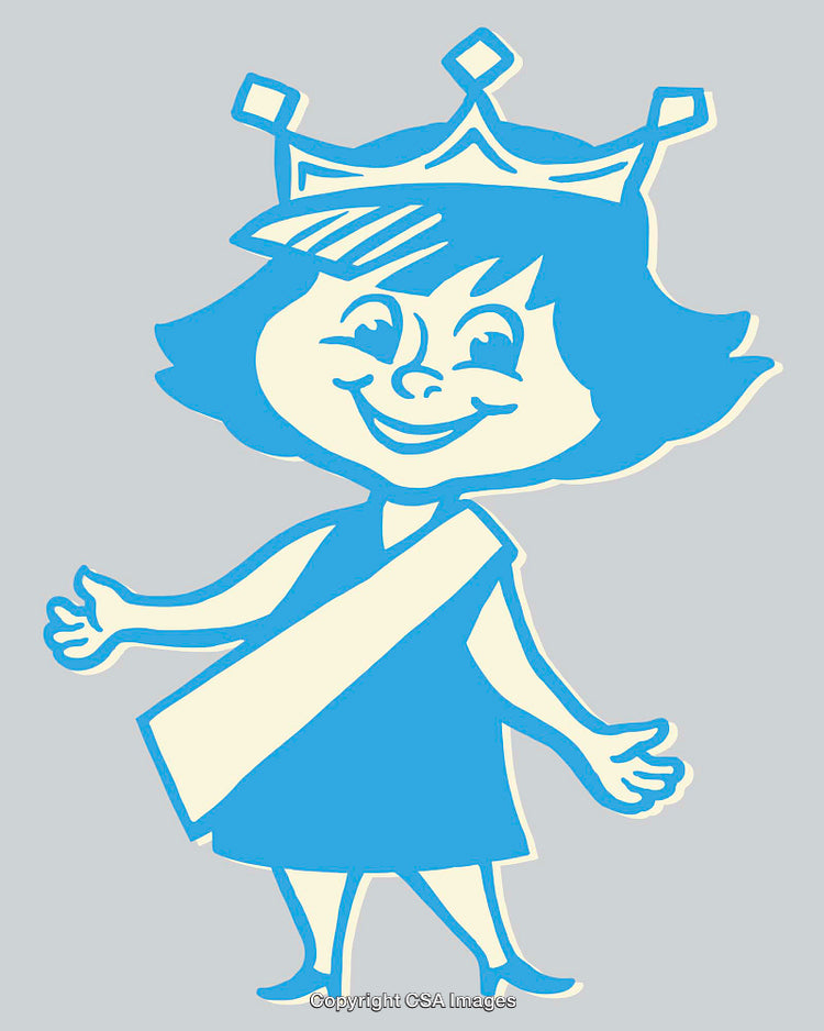 Playful Cartoon Girl Smiling Wearing Crown and Sash on Gray Background