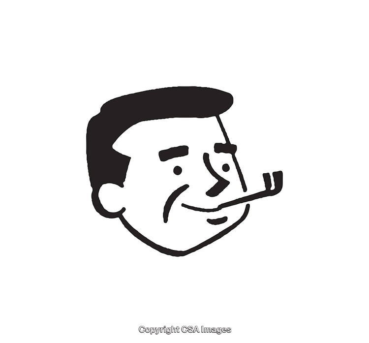 Black And White Line Art of a Smiling Man with a Pipe