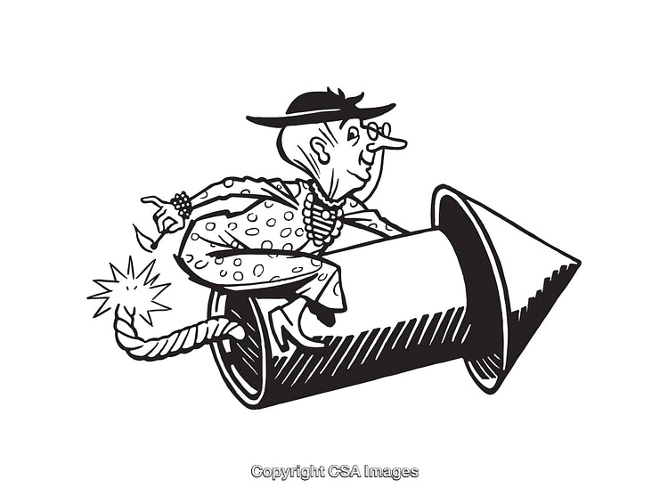 Black and White Line Art of Man on Rocket with Lit Fuse