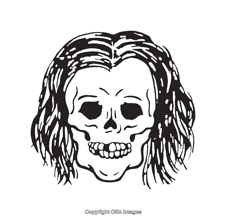 Black and White Skull Line Art With Long Hair Illustration