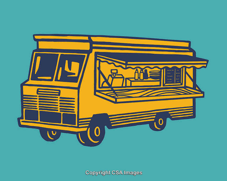 Yellow Food Truck Illustration With Blue Background in Retro Line Art Style