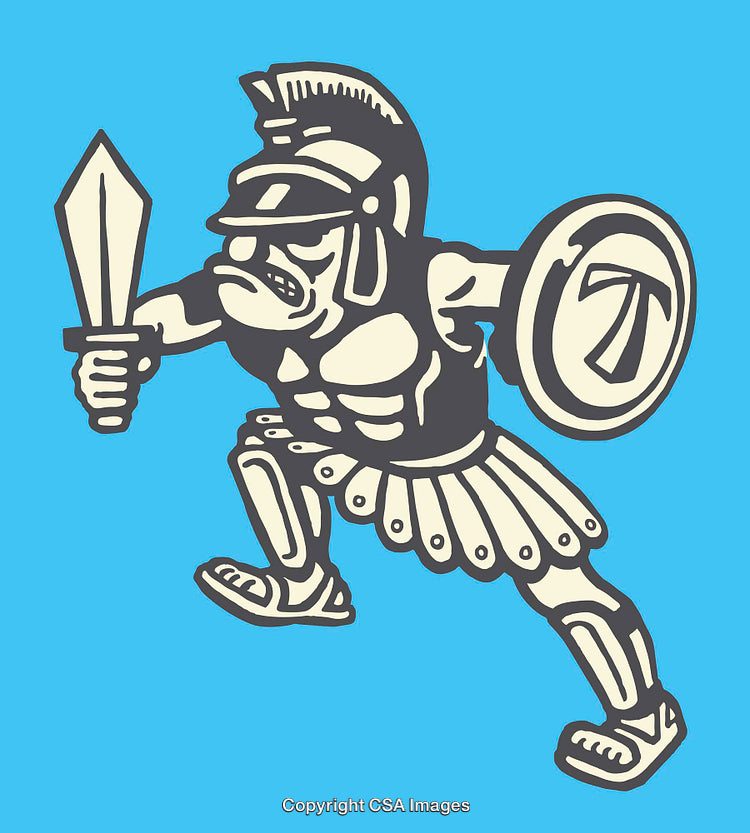Cartoon Illustration of Fierce Spartan Warrior in Battle Pose