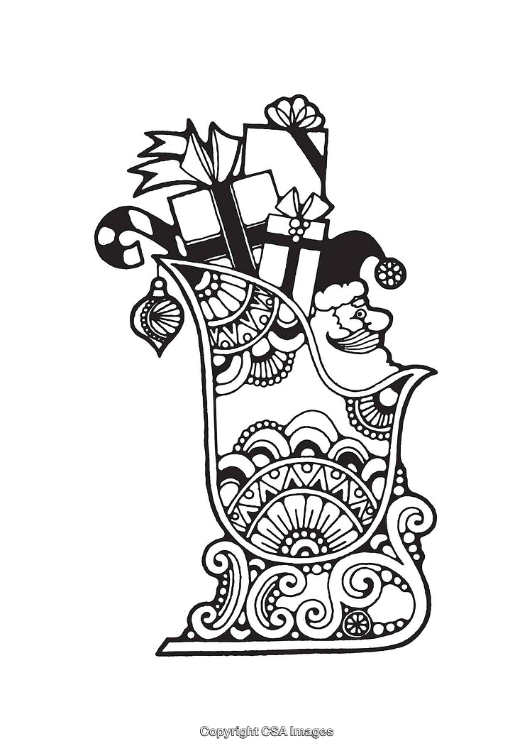 Intricate Black and White Line Art Illustration of a Festive Gift-Filled Sleigh