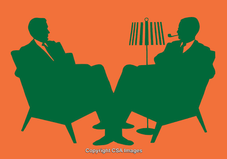 Stylized Silhouette Illustration Depicting Two Men in Conversation