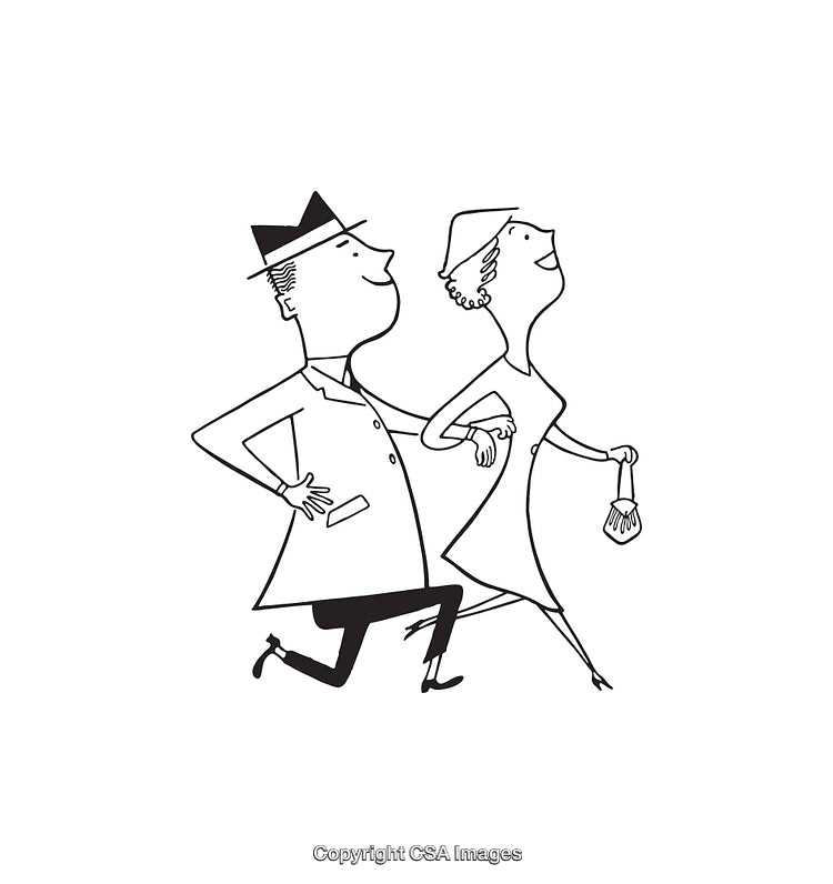 Vintage Black and White Line Art of a Stylish Happy Couple Walking