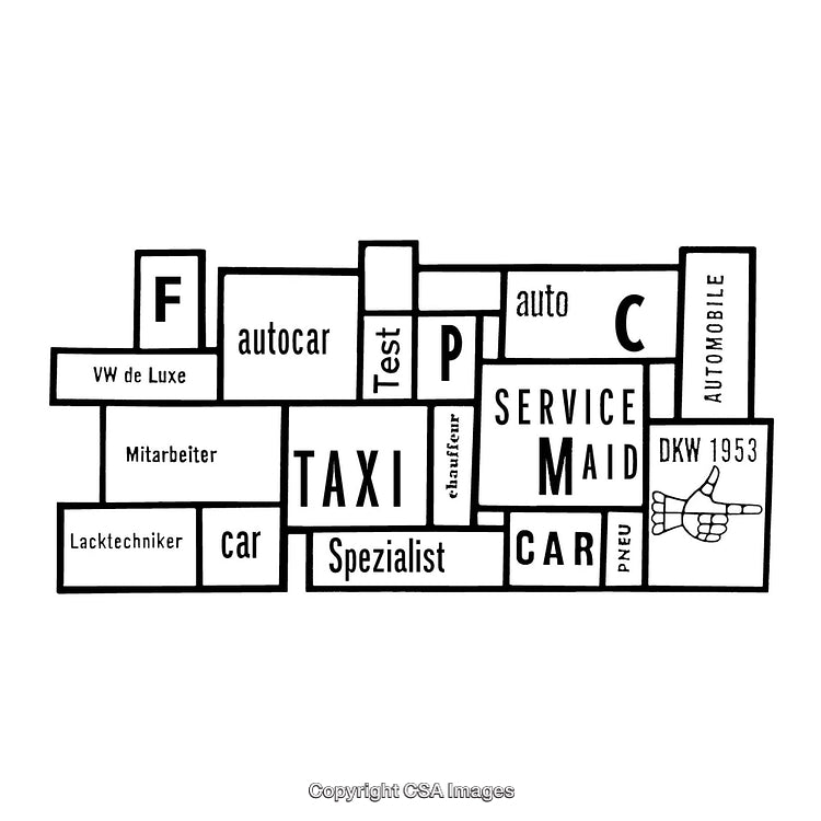 Black and White Typography Collage Featuring Graphic Design Elements