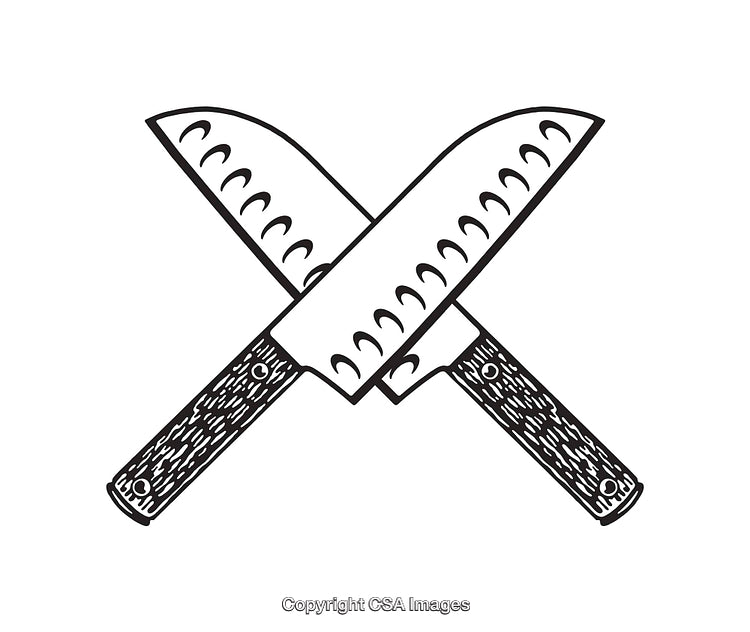 Black and White Line Art Illustration of Crossed Japanese Knives