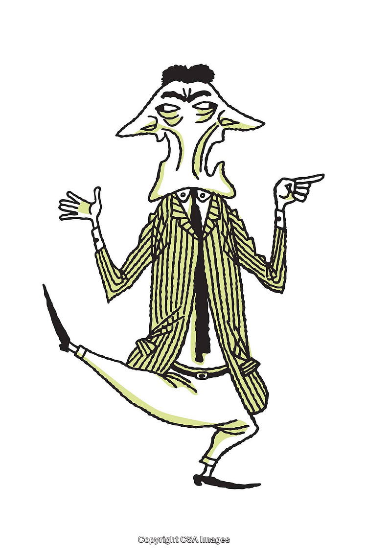 Surreal Illustration of a Whimsical Character in a Striped Suit