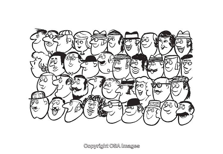 Black and White Line Art Crowd Illustration Featuring Expressions
