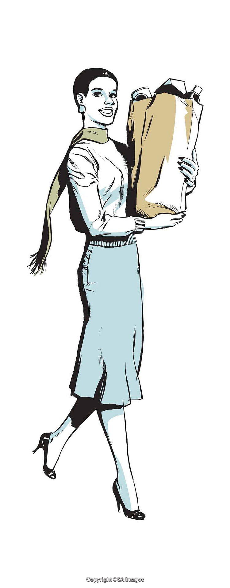 Stylish Woman Carrying Grocery Bag in Retro Minimalist Illustration