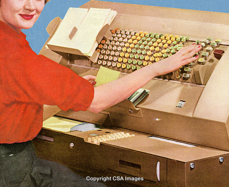 Retro Office Worker Operating a Vintage Mechanical Adding Machine