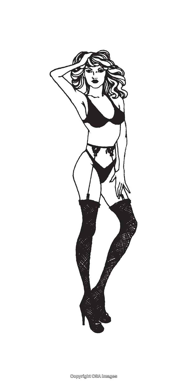 Black and White Line Art of a Woman in Fashionable Lingerie