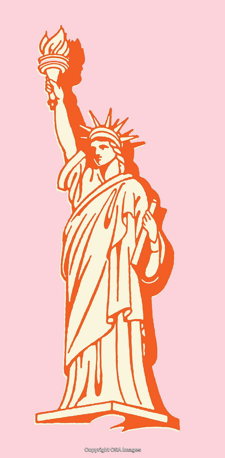 Colorful Line Art Illustration of the Statue of Liberty on Pink Background