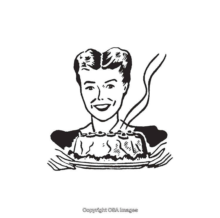 Black and White Illustration of a Woman Presenting a Freshly Baked Dessert