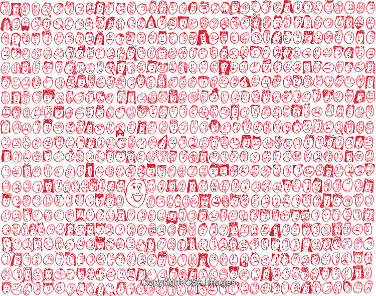 Hand-Drawn Illustrative Pattern Featuring Faces and Expressions in Vibrant Red