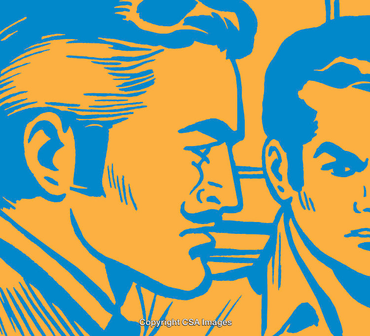 Pop Art Style Illustration of Two Men in Thoughtful Conversation