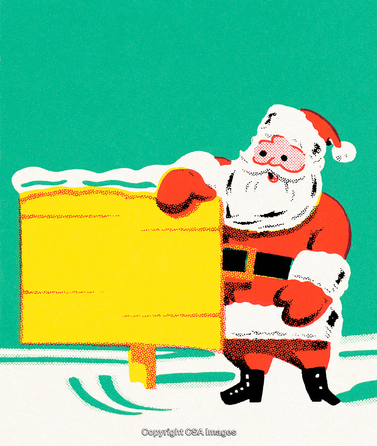 Cheerful Santa Claus Holding Blank Sign Against Aqua Background in Festive Style