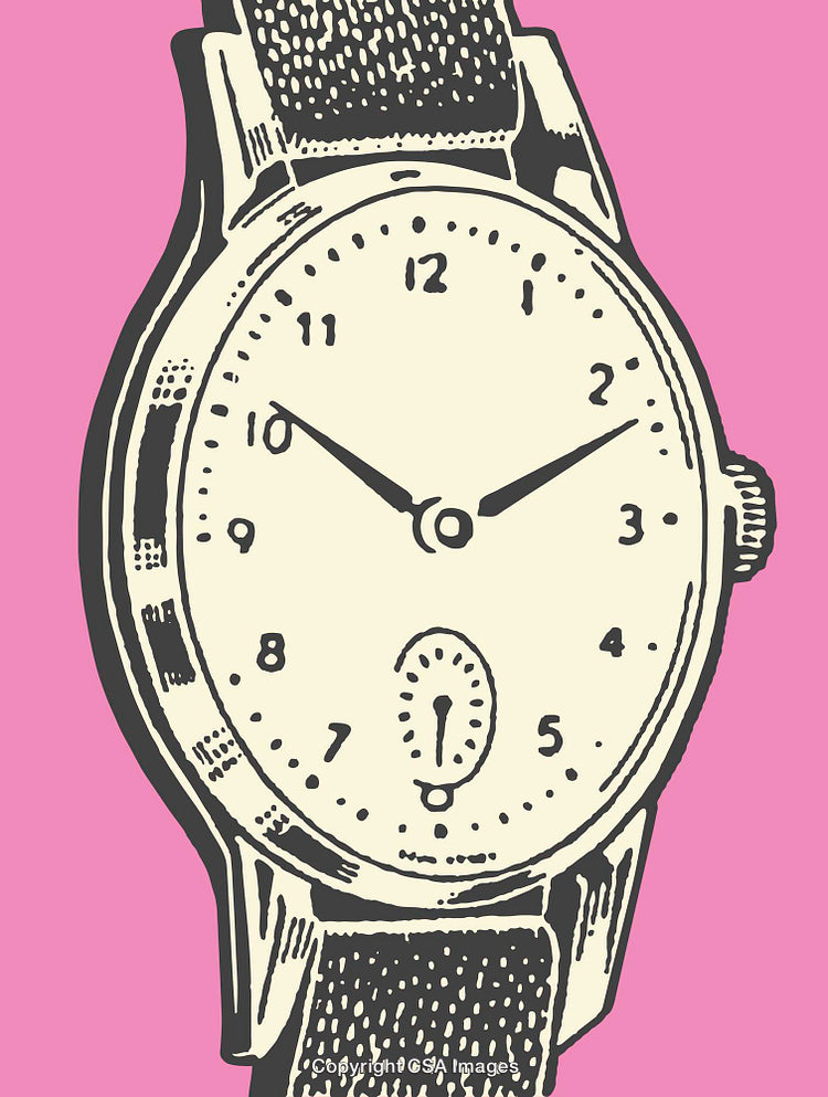 Vintage Line Art Illustration of a Watch on Pink Background