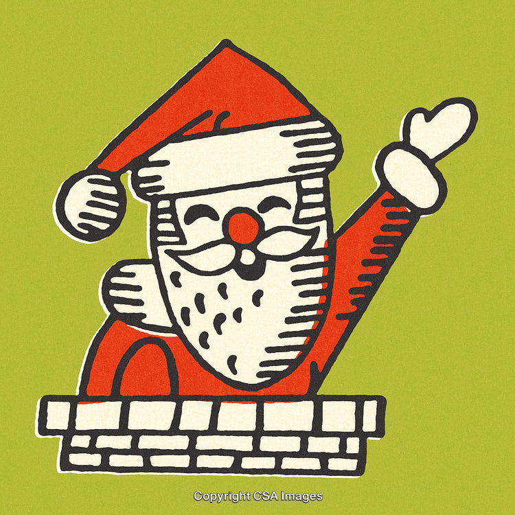 Colorful Santa Illustration Waving In Chimney on Vibrant Green Background