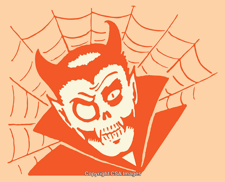 Vintage Illustration of a Devil Skull with Spiderweb Background