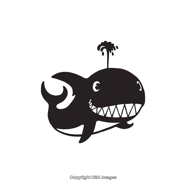 Black and White Illustration of a Smiling Cartoon Whale