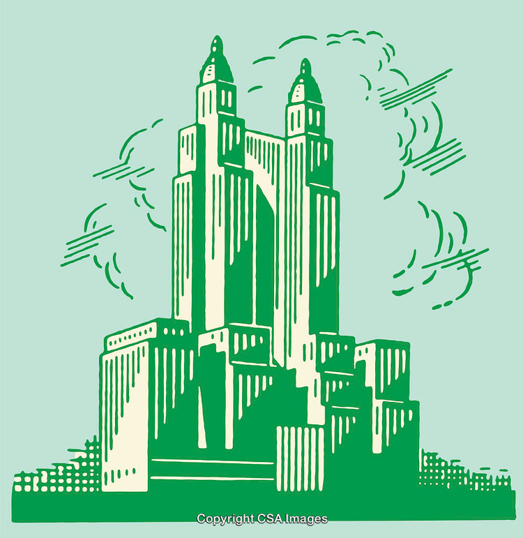 Green Illustration of a Towering Art Deco Skyscraper in Vintage Style