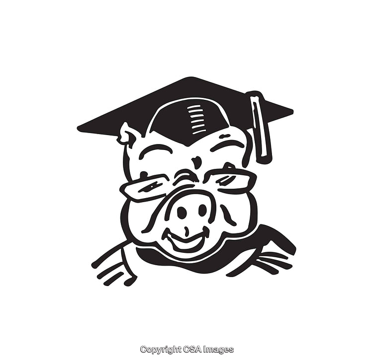 Black and White Illustration of a Pig in Graduation Cap and Glasses