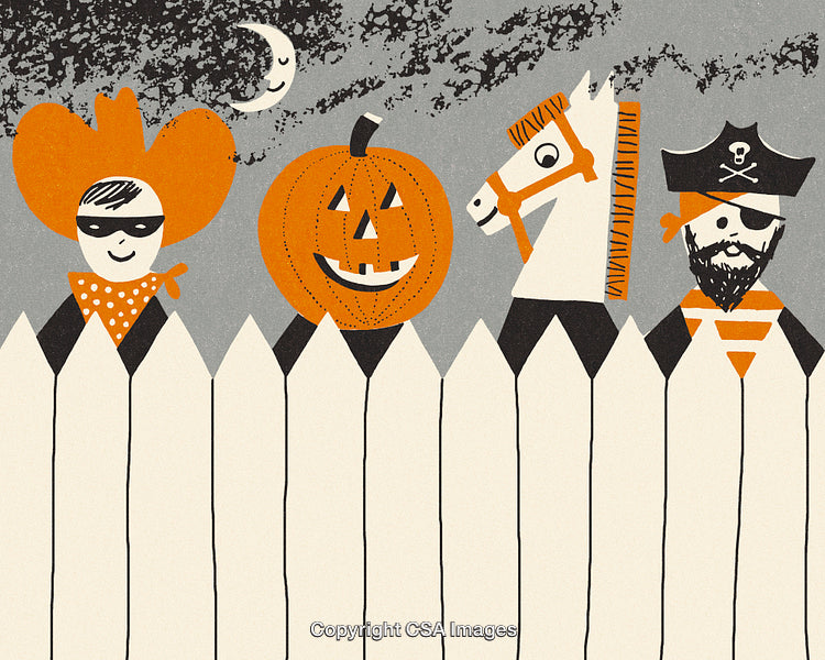 Group of Halloween Characters Behind a White Picket Fence at Night