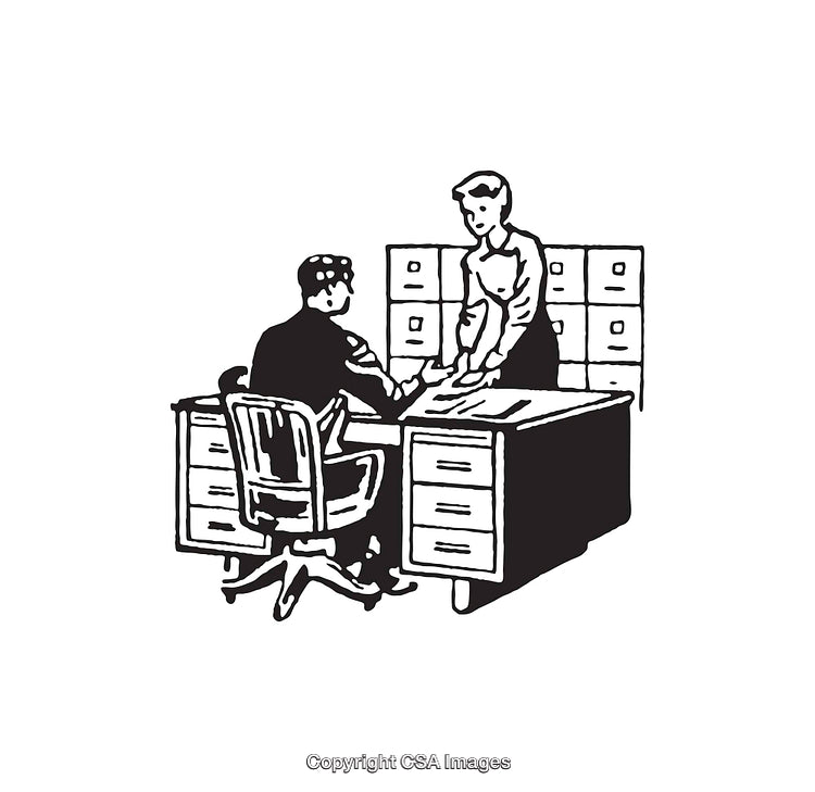Black and White Line Art of a Business Office Interaction Scene