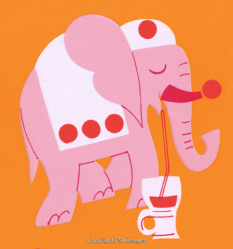 Whimsical Pink Elephant Illustration Drinking Tea Against Orange Background